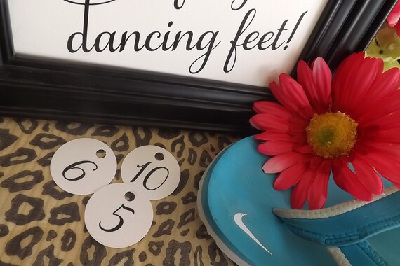 A little treat for your dancing feet, Dancing Shoes Size Tags, Dancing Feet Sign and Tags, Wedding Sign Flip Flops, Tags for Flip Flops