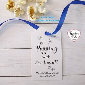 Baby Shower Favor Tags, Popping with Excitement Printed Baby Shower favor tags for popcorn favors, Popcorn favors for baby shower