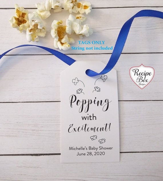 Baby Shower Favor Tags, Popping with Excitement Printed Baby Shower favor tags for popcorn favors, Popcorn favors for baby shower