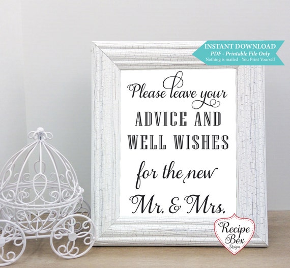 Printable Wedding Advice Sign - Wedding Wishes for the new mr and mrs Sign Printable- Instant Download - Wedding Wishes, Printable Template
