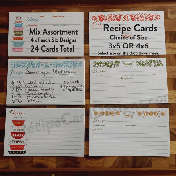 Recipe Cards, Vintage Pyrex Recipe Card, Assortment of Six Designs, Choice of Size 3x5 OR 4x6