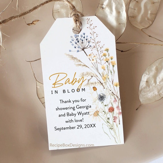 Baby In Bloom Shower Favor Tags, Baby shower favor tags for Baby in Bloom theme shower, Favor tags for baby shower