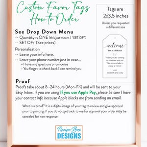 May include: A framed print with text about custom favor tags. The text includes instructions on how to order, personalization details, and proofing information. A sample tag design is shown, with the text "welcome to Memphis."