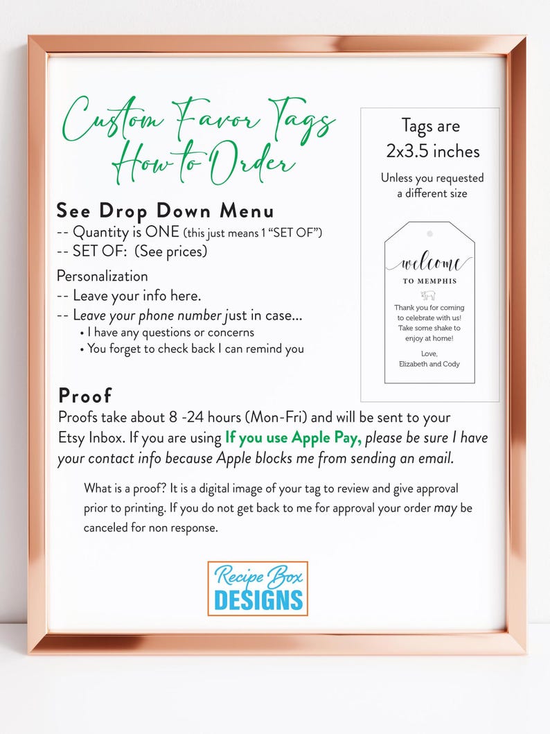 May include: A framed print with text about custom favor tags. The text includes instructions on how to order, personalization details, and proofing information. A sample tag design is shown, with the text "welcome to Memphis."