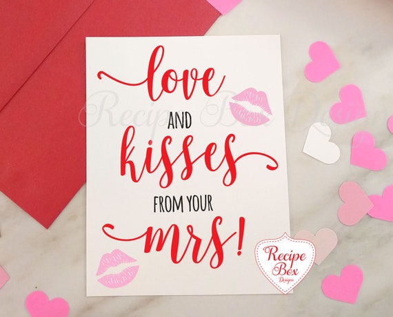 Valentines Day Card, Love and Kisses from your Mrs, Card for Valentines Day, Kisses Valentines Day Card Shimmery Red Envelope