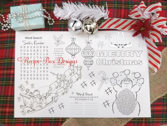 Christmas Placemats for Kids Printable Christmas Kid Table Decor, Christmas Coloring Sheet, Kids Placemat, Instant Download INCLUDES 2 Sizes