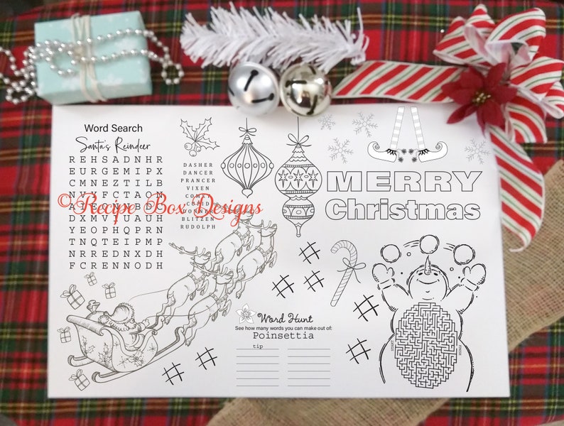 Christmas Placemats for Kids Printable Christmas Kid Table Decor, Christmas Coloring Sheet, Kids Placemat, Instant Download INCLUDES 2 Sizes image 2