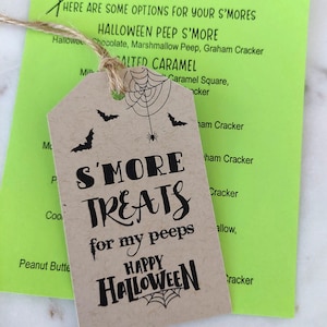 May include: A kraft paper tag with the text "S'MORE TREATS for my peeps HAPPY HALLOWEEN" is tied with twine to a neon green card with s'mores ideas. The tag features bats and a spider web design.