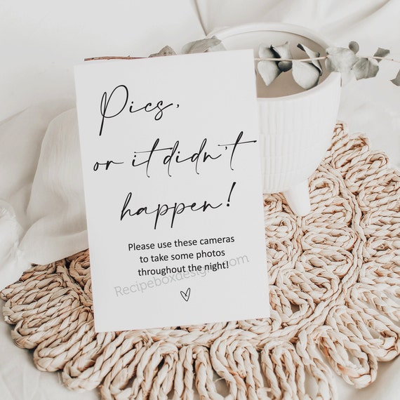 Wedding Disposable Camera Sign, Pics or it didn't happen, printable signs, modern minimalist wedding, instant download, wedding signs