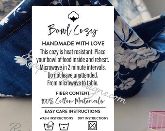 Printed Bowl Cozy Care Tags: Microwave Safe Instructions (Set of 30)