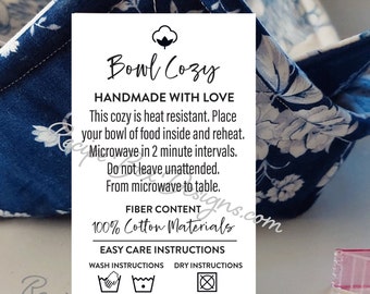 Printed Care Tag for Bowl Cozy, 30 Care Card Tags and Labels for Handmade Microwave Safe Bowl, Soup Bowl Cozy Care Tag 30 Tags