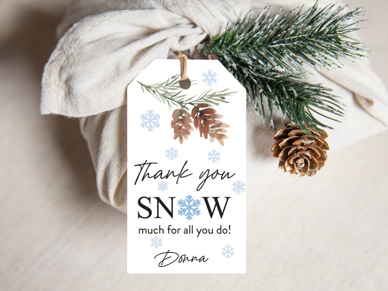 May include: A gift tag with a watercolor design featuring pinecones, snowflakes, and evergreen branches. The tag reads "Thank you SNOW much for all you do!" with the name "Donna" at the bottom. The tag is tied to a wrapped gift with twine.