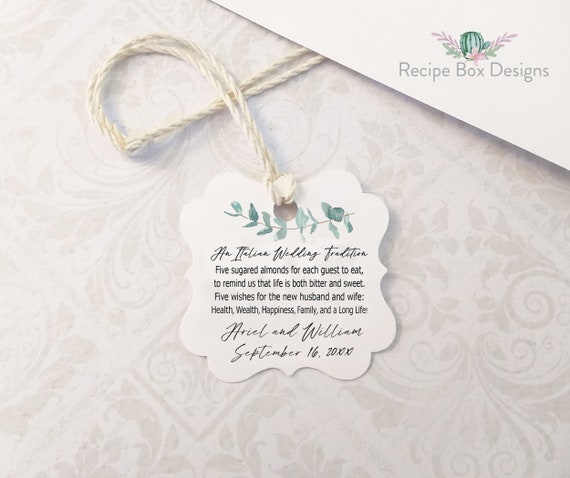 Italian Wedding Tags, Sugared Almond Wedding Favor Tags, Five Wishes Wedding Tag 2x2 Traditional Italian Wedding Favor Printed