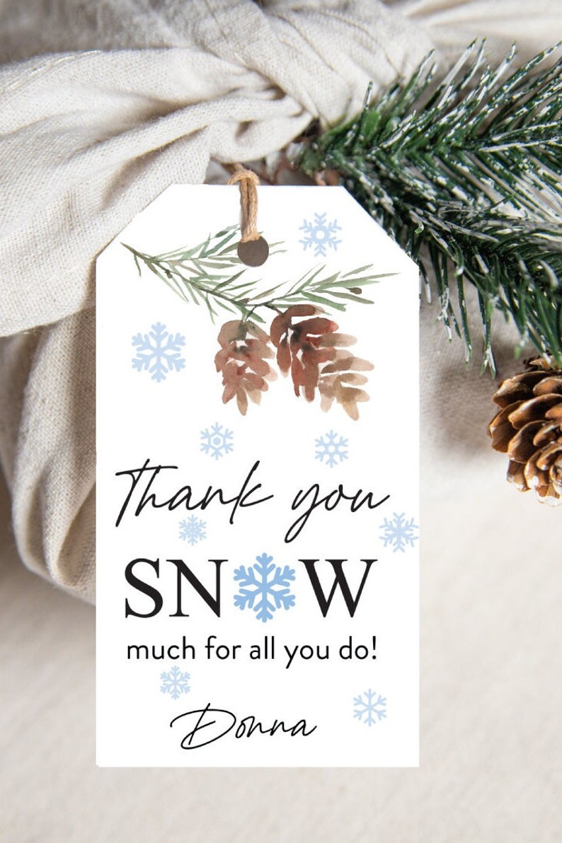 May include: White gift tag with a watercolor pine branch and pine cones. The tag reads "Thank you SNOW much for all you do!" with the name "Donna" at the bottom. Light blue snowflakes are scattered around the text.
