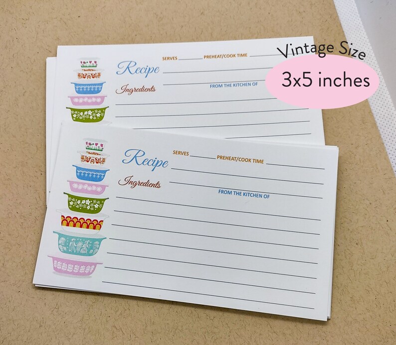 May include: A stack of vintage recipe cards with a colorful retro design featuring a stack of colorful bowls. The cards are 3x5 inches and have lines for writing down recipes, ingredients, serving size, preheat/cook time, and from the kitchen of.