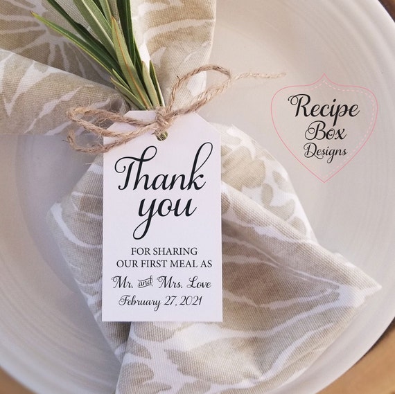 Thank you wedding favor tags, Printed favor tags, Perosnalized tags, Plating Thank you tags Thank You For Sharing Our First Meal as Mr + Mrs