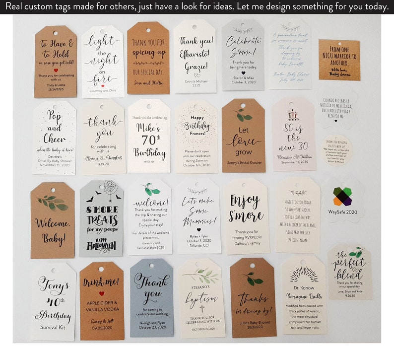 May include: A collection of custom gift tags in various shapes and sizes, with handwritten calligraphy and decorative elements. The tags feature phrases like "Thank You," "Happy Birthday," and "Welcome," with dates and names.