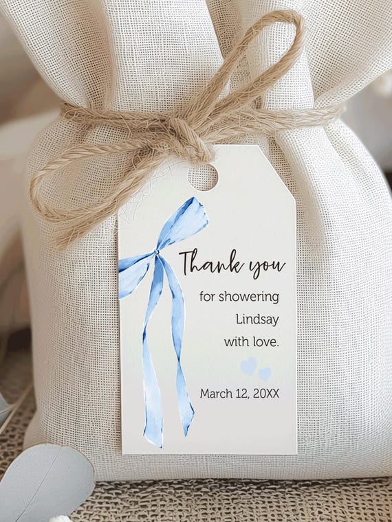 Baby Shower Favor Tags, Blue Bow Ribbon Printed Baby Shower Tags, Thank you favor Tags, Tags for thank yous, Favor Tags, 2x3.5 Printed