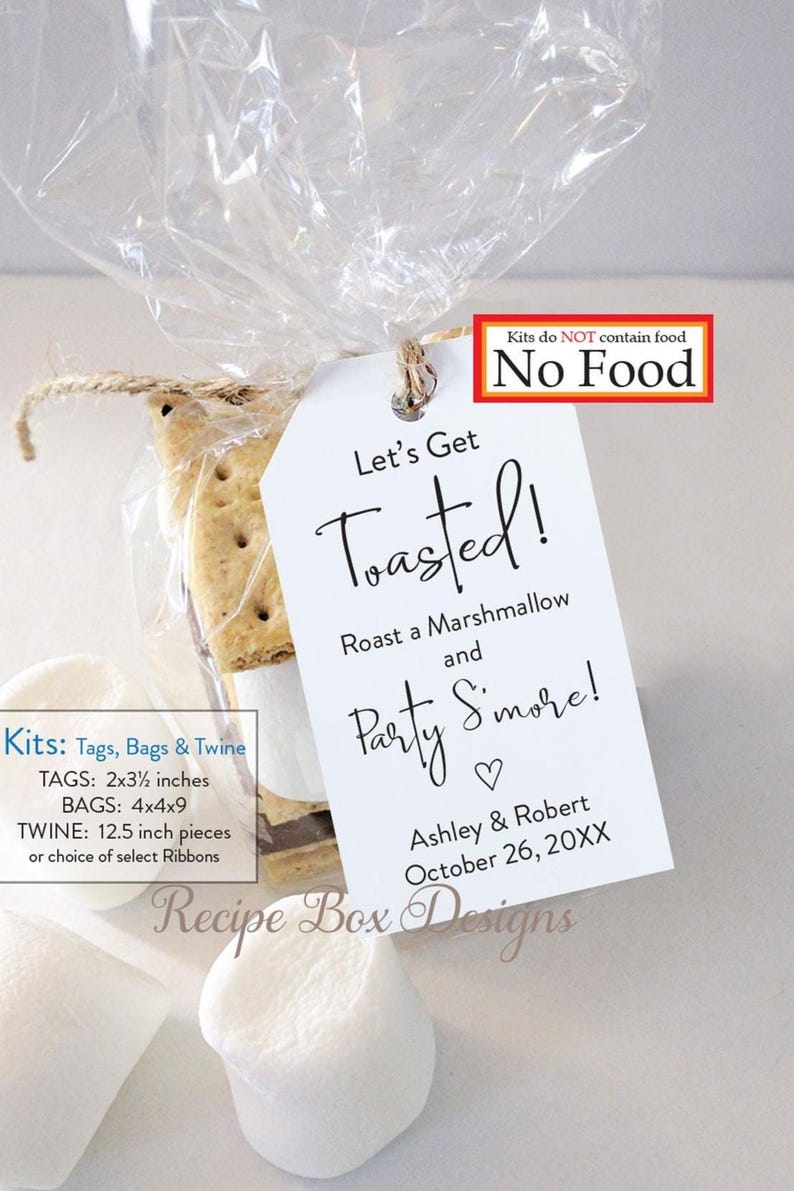 May include: A clear cellophane bag tied with twine, containing a graham cracker, marshmallow, and a tag that reads "Let's Get Toasted!" The tag is 2x3.5 inches. The bag is 4x4x9 inches. The twine is 12.5 inches. The tag also says "Party S'more!" and "No Food".