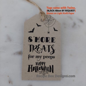 Halloween S'more Treat Favor Tag shown with twine. S'more Treats for my peeps.Happy Halloween.