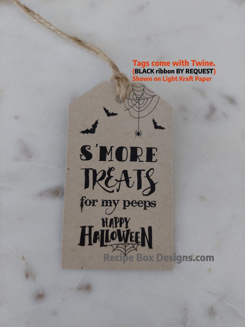 Halloween S'more Treat Favor Tag shown with twine. S'more Treats for my peeps.Happy Halloween.