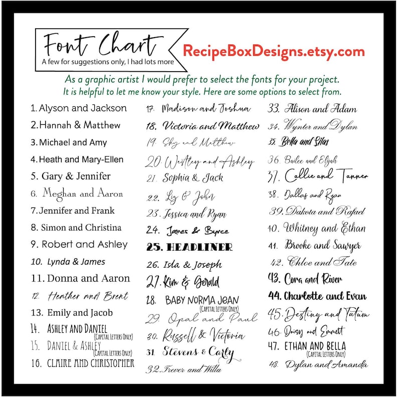 May include: A black and white font chart with a list of names and font styles. The text "Font Chart" is at the top, with the Etsy shop URL. The chart provides font suggestions for graphic design projects, with examples like "Alyson and Jackson."