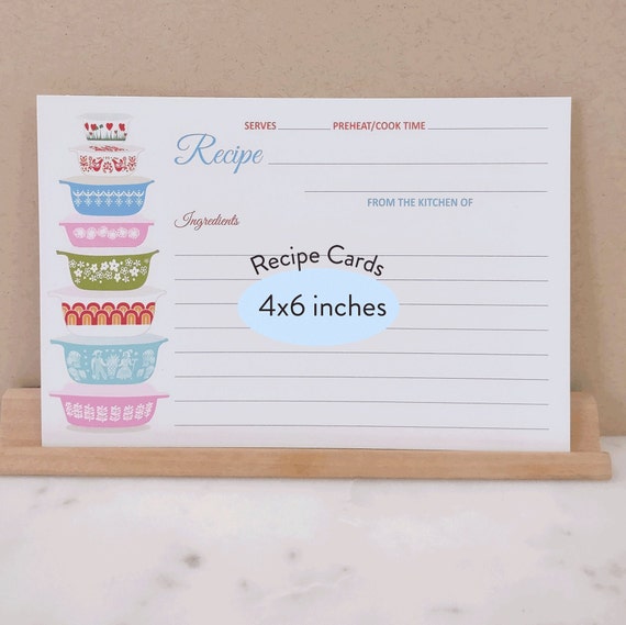Printed Recipe Cards for Bridal Shower, Vintage Bowls Recipe Cards, 4x6 Double Sided Kitchen Shower Gift Idea, Vintage Bowls, Casserole 4x6
