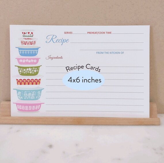 Printed Recipe Cards for Bridal Shower, Vintage Bowls Recipe Cards, 4x6 Double Sided Kitchen Shower Gift Idea, Vintage Bowls, Casserole 4x6