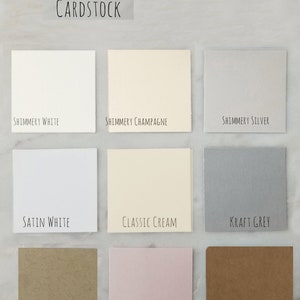 May include: Nine different cardstock paper samples in various colours, including shimmery white, shimmery champagne, shimmery silver, satin white, classic cream, kraft grey, light kraft, blush kraft, and kraft. The paper samples are arranged in three rows of three.