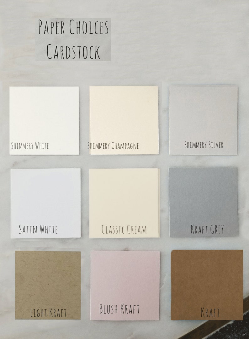 May include: Nine different cardstock paper samples in various colours, including shimmery white, shimmery champagne, shimmery silver, satin white, classic cream, kraft grey, light kraft, blush kraft, and kraft. The paper samples are arranged in three rows of three.