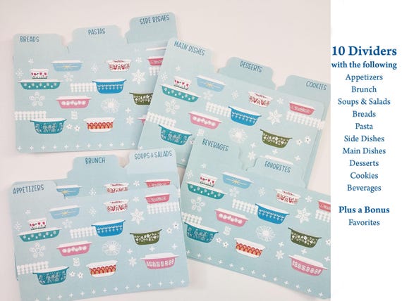 Pyrex Recipe Card Dividers: Vintage Style, Fits 3x5 & 4x6 Boxes