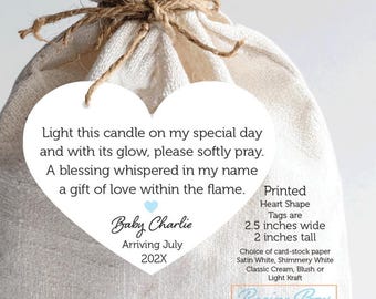 Baby Shower candle favor tags, Light this candle on my special day, softly pray, A blessing whispered, available English or Spanish