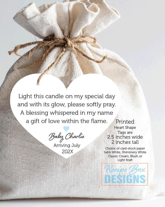 Baby Shower candle favor tags, Light this candle on my special day, softly pray, A blessing whispered, (Heart shaped in English)