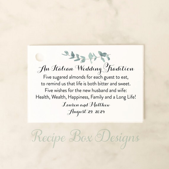 Italian Wedding Favor Tags, Sugared Almond Wedding Favor Tags, Five Wishes Wedding Tags 2x3 Rectangle Favor Tags 2x3 Style
