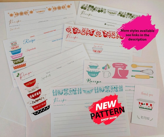 Printed Pyrex Recipe Cards, 3x5 recipe cards, Bridal Kitchen Shower, Vintage Pyrex Recipe Cards Bridal Shower Recipe Cards Shower