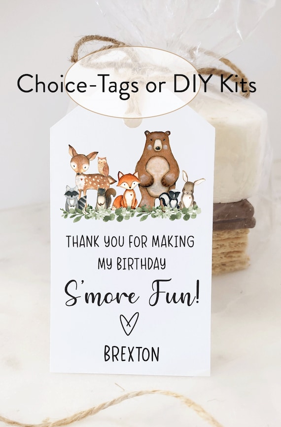 Smore Fun, Woodland Animals Theme Birthday Favor Tags, thank you for making my birthday smore fun. Baby Shower Printable Printed Smores