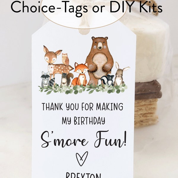 Smore Fun, Woodland Animals Theme Birthday Favor Tags, thank you for making my birthday smore fun. Baby Shower Printable Printed Smores