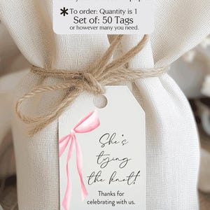 May include: A gift bag tied with twine, featuring a white tag with a pink bow illustration and the text "She's tying the knot!" The tag is 2 x 3.5 inches. The text also includes "Sarah's Bridal Shower" and the date.