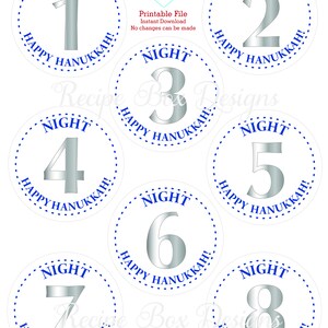 Happy Hanukkah 8 tags shaped like coins numbering 1-8 for the 8 nights. This is printable file