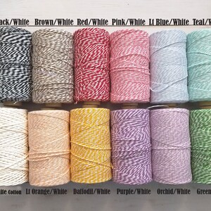 May include: A collection of twine spools in various colors, including black/white, brown/white, red/white, pink/white, light blue/white, and teal/white. Additional colors are very white cotton, light orange/white, daffodil/white, purple/white, orchid/white, and green/white. The text on the image indicates the color combinations.