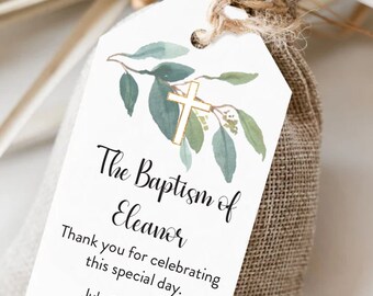 Printed Favor Tags Baptism Favor, First Communion, Baptism Favors, greenery, Christening, Religious Favor Tag, Thank you Tags, Baptism tag