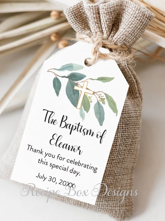 Printed Favor Tags Baptism Favor, First Communion, Baptism Favors, greenery, Christening, Religious Favor Tag, Thank you Tags, Baptism tag