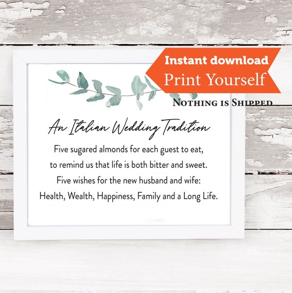 Printable Italian Wedding Sign Instant Download, Sugared Almonds Wedding Favor Wedding Sign, Five Wishes Printable Instant Download Sign
