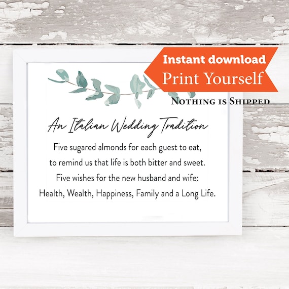 Printable Italian Wedding Sign Instant Download, Sugared Almonds Wedding Favor Wedding Sign, Five Wishes Printable Instant Download Sign