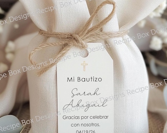 Printed Baptism Spanish Favor Tags: Bautizo, Christening, Thank You Gift Tag with Gold Cross - Printed