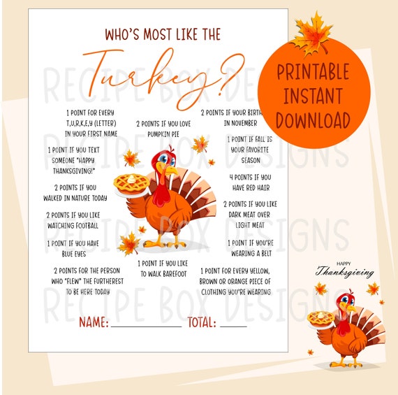 Thanksgiving Game, Who is Most Like The Turkey, Group Game, Autumn Party, Thanksgiving Activities Instant Download, Printable
