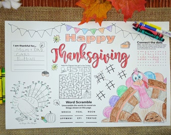 Thanksgiving Placemat for Kids Printable Thanksgiving Kid Table Decor, Thanksgiving Coloring Sheet, Kids Placemats, Instant Download