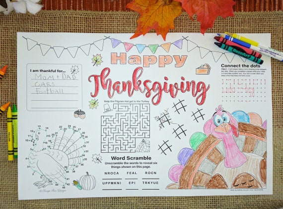 Thanksgiving Placemats for Kids Printable, Thanksgiving Kid Table Decor, Thanksgiving Coloring Sheet, Kids Placemat Instant Download 3 sizes
