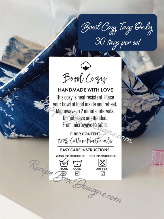 Printed Bowl Cozy Care Tag for Bowl Cozy, Care Card Tag and Labels for Handmade Microwave Safe Bowl, Soup Bowl Cozy Care Tag 30 Tags
