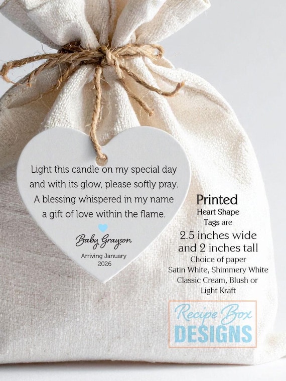 Baby Shower candle favor tags, Light this candle on my special day, softly pray, A blessing whispered, (Heart shaped in English)